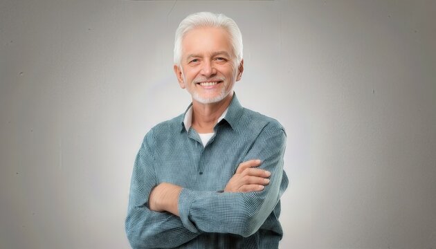 Happy elderly man standing confidently with arms crossed, smiling and facing the camera, showcasing joy and wisdom in his expression, representing a positive outlook on life and aging gracefully.