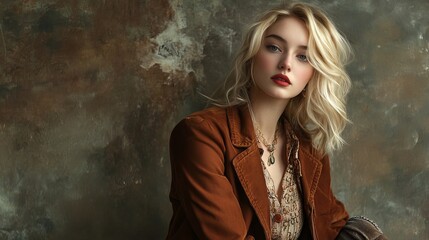 Fototapeta premium Exquisite blonde woman, adorned in a rich brown jacket, exudes a touch of vintage elegance with her delicate accessories. Against a backdrop of opulent Mocha Mousse, her poise