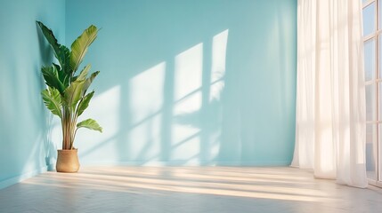 Fototapeta premium Serene Studio Photo: Sunlight Dapples Calm Blue Room with Tropical Plant. AI Generated