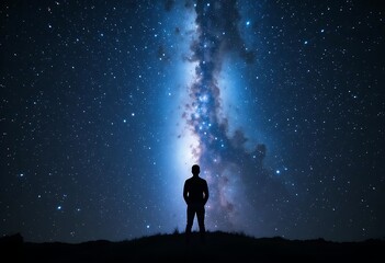 Fototapeta premium Stunning Silhouette Standing in Awe of Cosmic Galaxy Light Projection