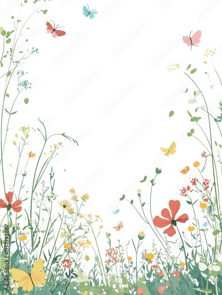 Poster colorful meadow filled with flowers and butterflies captures the essence of a playful spring day. ge