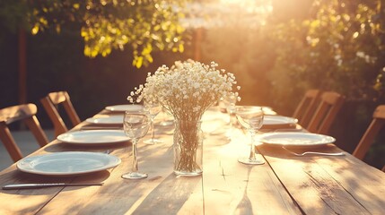Golden Hour Photo: Beautifully Set Outdoor Table with Delicate Flowers. AI Generated