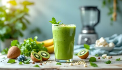 Fototapeta premium A refreshing green smoothie in a glass placed on a kitchen countertop, surrounded by fresh fruits like bananas, apples, and berries, evoking a healthy, vibrant start to the day.