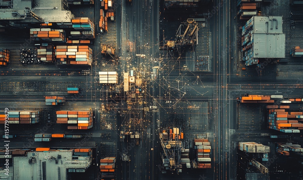 Poster aerial view of a busy shipping port with containers and cranes.