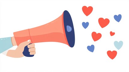 Hand Holding Megaphone with Colorful Hearts for Love and Celebration