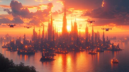 Naklejka premium A futuristic cityscape at sunset, featuring tall spires and flying drones over water.