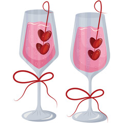 set wine glass icon with pink drink and berries in heart shape and red bow, valentines day design	