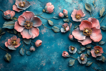 Fototapeta premium A bunch of pink flowers on a blue background