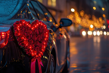 Obraz premium Car decorated with roses and lights, creating a romantic atmosphere in a vibrant city at night