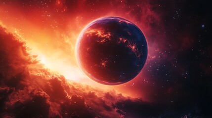 Obraz premium Fiery Planet Ascends: Stunning Digital Painting of a Crimson Cosmic Landscape. AI Generated
