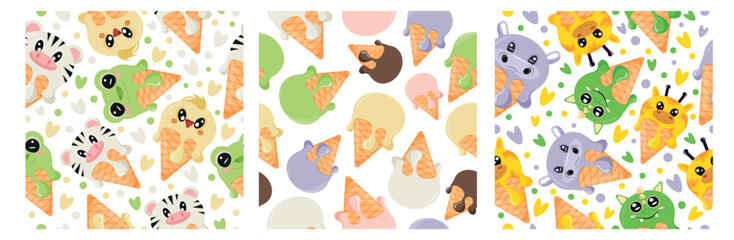 set of three seamless patterns of various ice creams in different colors and also ice creams with various animal designs on light colors