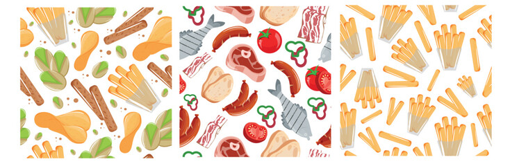 set of three seamless patterns with a variety of food, namely a variety of appetizers, snacks, meat, fish and barbecue on light backgrounds
