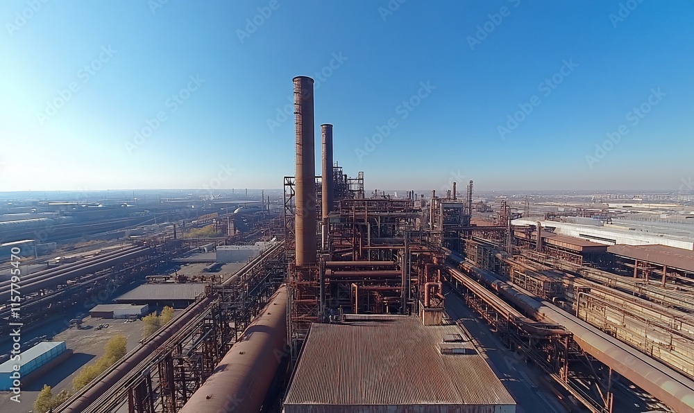 Poster aerial view of an industrial site with large rusted structures and smokestacks.
