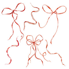 Watercolor red bows set. Hand-drawn gift bow isolated on white background. Holiday illustration for design, print, fabric or background.