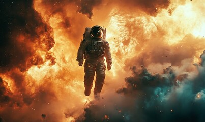An astronaut floats through a vibrant cosmic explosion in space.