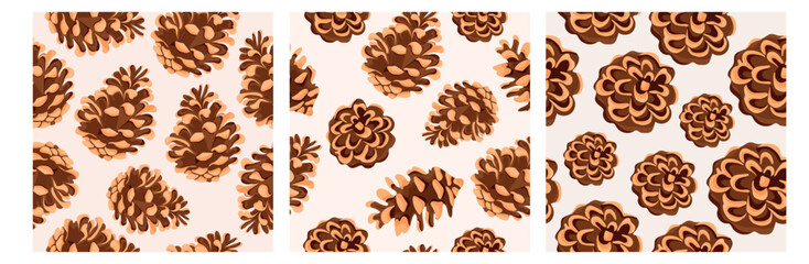 set of three seamless patterns with Christmas plant icons of pine cones of different sizes and shapes