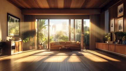 Fototapeta premium Stunning 3D Render: Sunlit Modern Living Room Interior Design. AI Generated