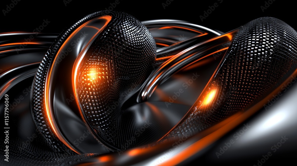 Poster abstract 3d render of glowing metallic spheres