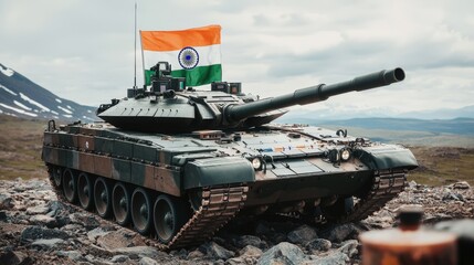 National Freedom Day and justice heritage, A tank with the Indian flag positioned on rugged terrain, showcasing military strength and national pride.