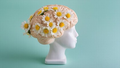 Human Brain Tree with Flowers A Symbol of SelfCare and Mental Health, Emphasizing Positive Thinking and Personal Growth in a Vibrant, NatureInspired Artwork