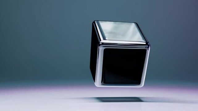 sleek metallic cube with reflective surfaces and dark interiors, floating mid-air against a gradient teal and purple background