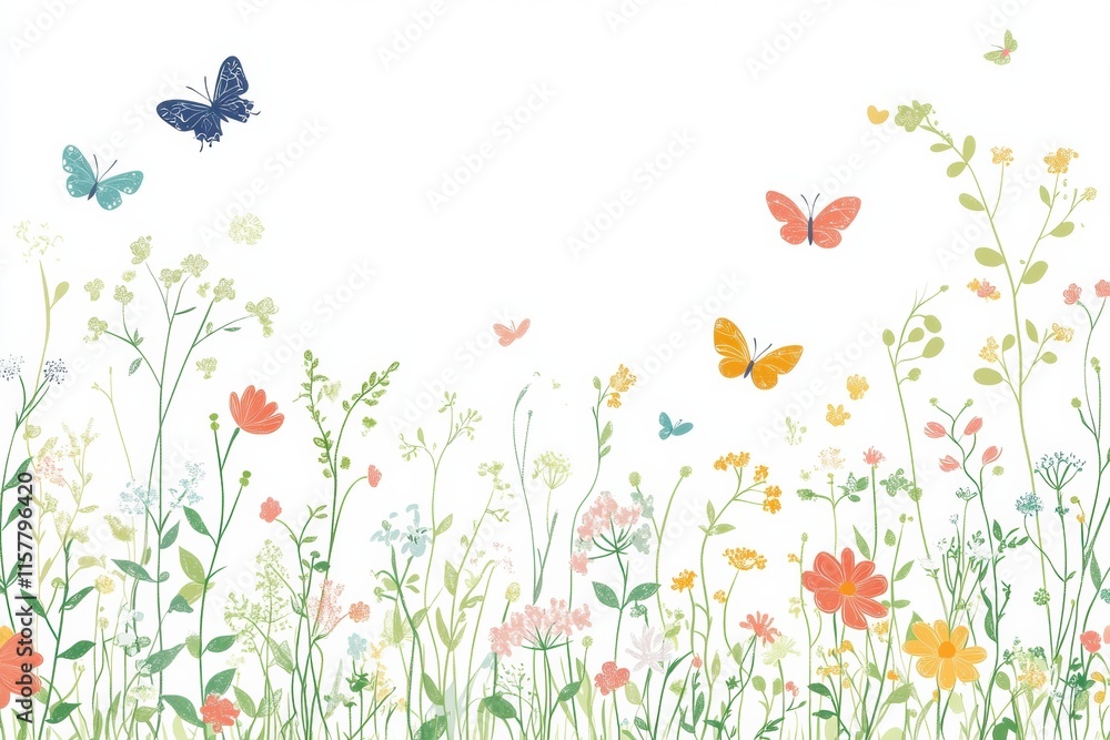 Poster doodle of a lively meadow filled with colorful flowers and butterflies in a bright and cheerful sett