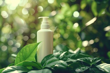 Cosmetic containers with green leaves for natural beauty products.