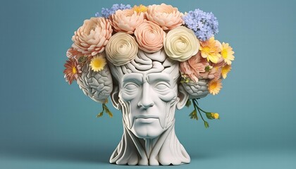 Human Brain Surrounded by Decorative Flowers A Creative and Refreshing Mindscape Symbolizing Positive Mental Health and WellBeing for a Balanced Life Experience