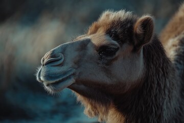A camel with a white nose and brown fur. The camel is looking at the camera. The image has a calm and peaceful mood