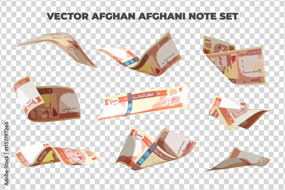 Aufkleber Vector illustration of set of Afghan Afghani notes flying in different angles and orientations. Currency note design in Scalable eps format
