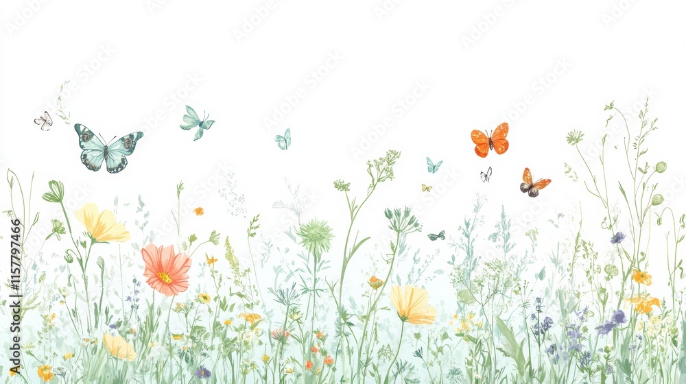 Aufkleber playful doodle depicting a vibrant meadow alive with colorful flowers and fluttering butterflies in 