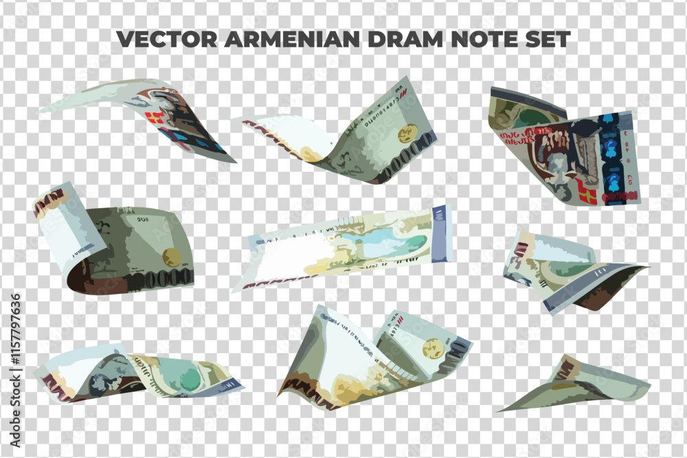 Aufkleber Vector illustration of set of Armenian dram notes flying in different angles and orientations. Currency note design in Scalable eps format
