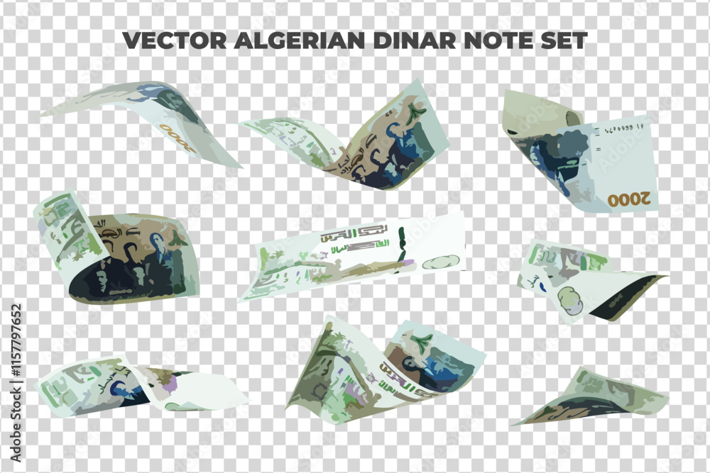 Poster vector illustration of set of algerian dinar notes flying in different angles and orientations. curr