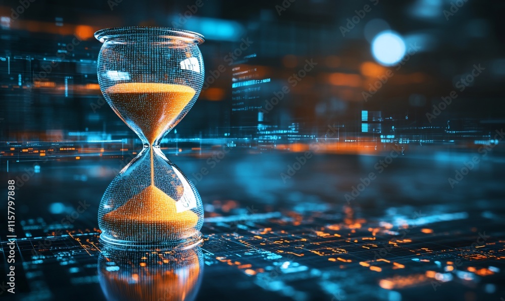 Aufkleber an hourglass on a digital background symbolizes the passage of time and technology.