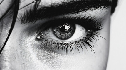Fototapeta premium Close-Up Monochrome Photo: Intensely Gazing Eye, Dramatic Lighting, High-Fashion Beauty Shot. AI Generated
