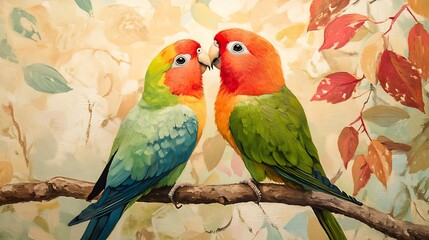 Obraz premium Vibrantly Colored Lovebirds Tenderly Nuzzling on Branch, Close-Up Painting. AI Generated