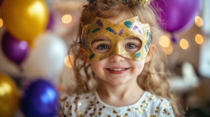 A child smiles brightly while wearing a vibrant gold mask, surrounded by colorful balloons in a festive setting