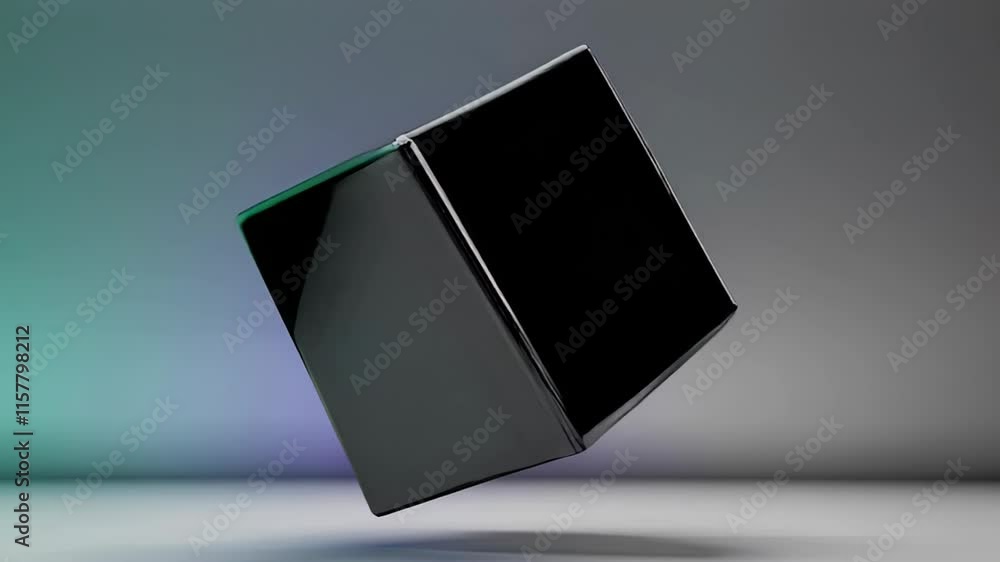Poster minimalist metallic cube floating in mid-air with soft green and gray lighting, emphasizing its slee