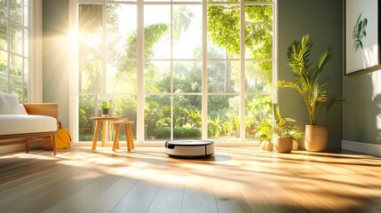 Brightly Lit Roomba Robot Vacuum Cleans Hardwood Floor, Photo. AI Generated