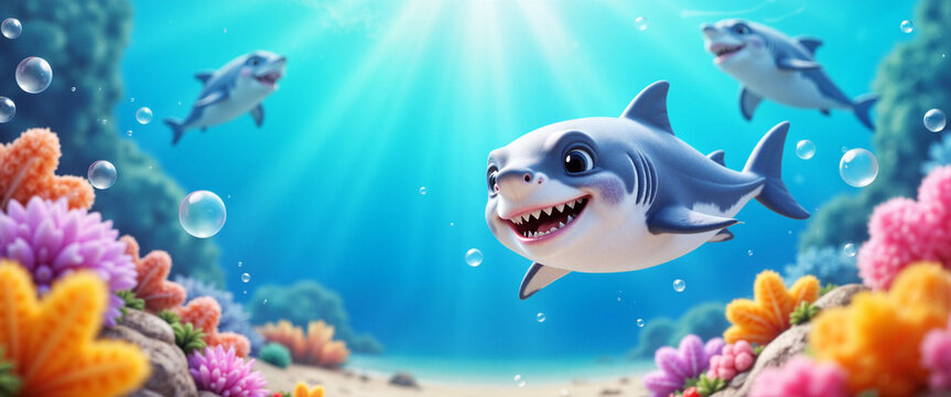 Fototapeta Smiling baby shark swimming in colorful coral reef illustration