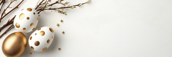 Elegant and charming Easter decor featuring exquisite gold and white themed eggs that beautifully capture the essence of the holiday. Perfect for celebrating in style and bringing joy to gatherings