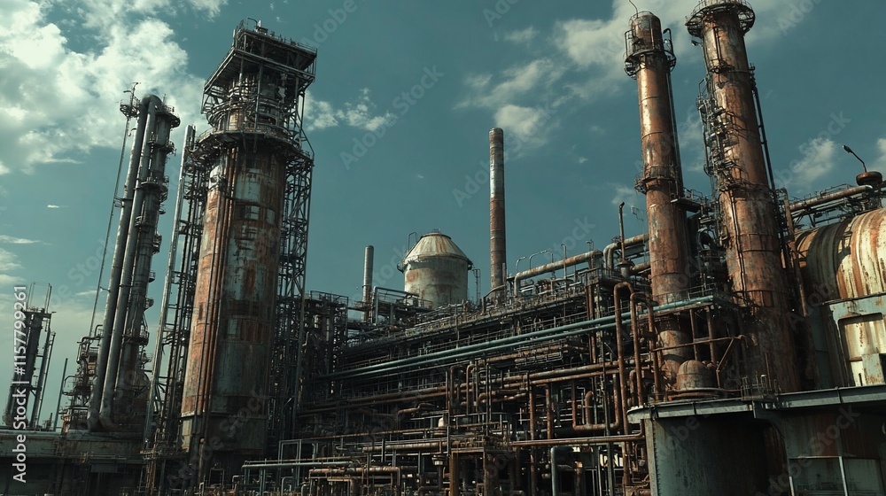 Poster an industrial complex with towering structures and pipes against a cloudy sky.