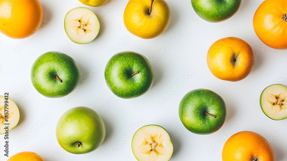 Poster a flat lay showcasing a vibrant arrangement of green apples, yellow apples, oranges, and pear slices