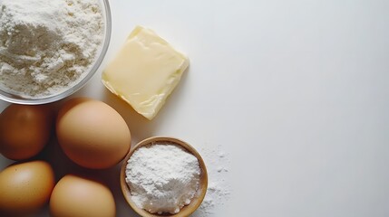 Flat lay of baking ingredients: eggs, butter, and flour in bowls.  A minimalist food photography scene with copy space.