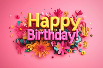 A vibrant birthday greeting features the text Happy Birthday in bold letters surrounded by colorful flowers and decorations. The cheerful design creates a festive atmosphere perfect for celebrations.