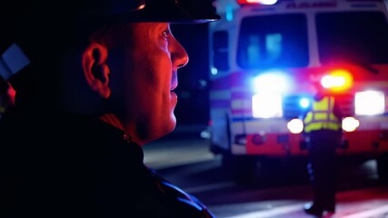 Under flashing lights, a police officer oversees the emergency response team as they manage a serious incident. The scene showcases teamwork and urgency in an urban environment during nighttime.