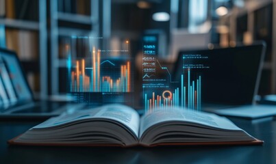 An open book with digital graphs and data overlays in a modern workspace.