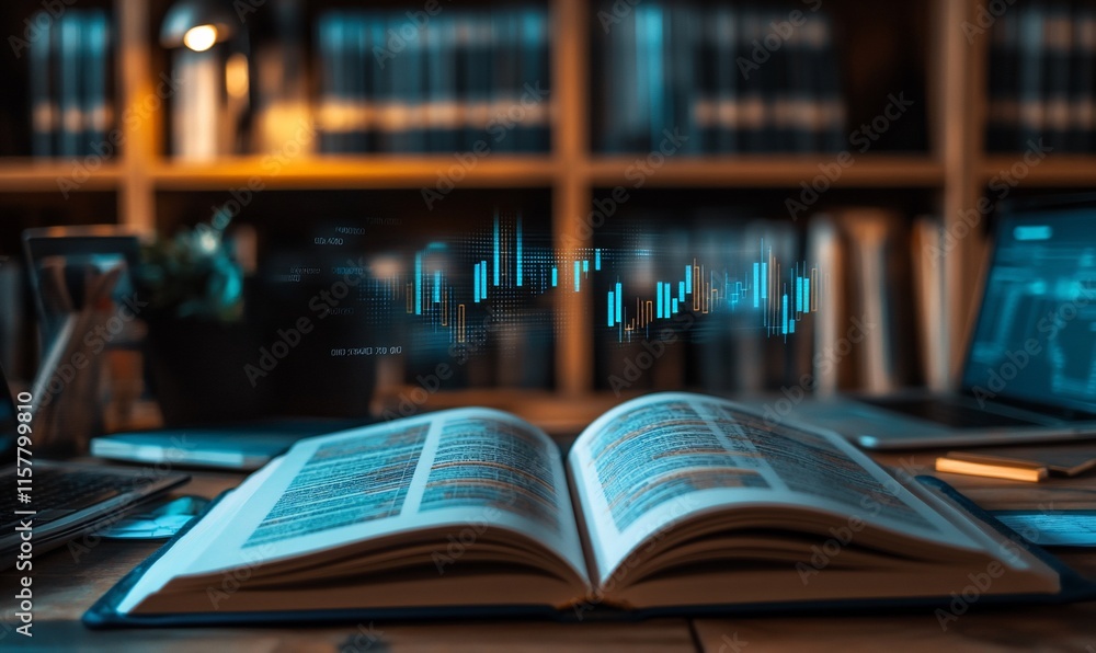 Poster an open book with digital data overlay in a cozy study environment.