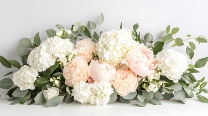 Elegant arrangement of peach peonies and white hydrangeas with eucalyptus greenery. Perfect for weddings, events, or home decor. Soft, romantic, and luxurious floral design.