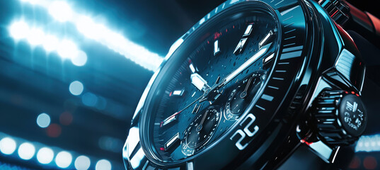 Luxury Sports Watch with Stadium Lights Reflection - Elegance and Performance in a Super Bowl Setting